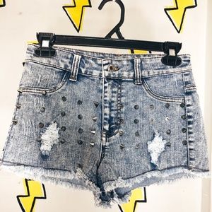 Trendy Faded Punk Studded Jean Shorts